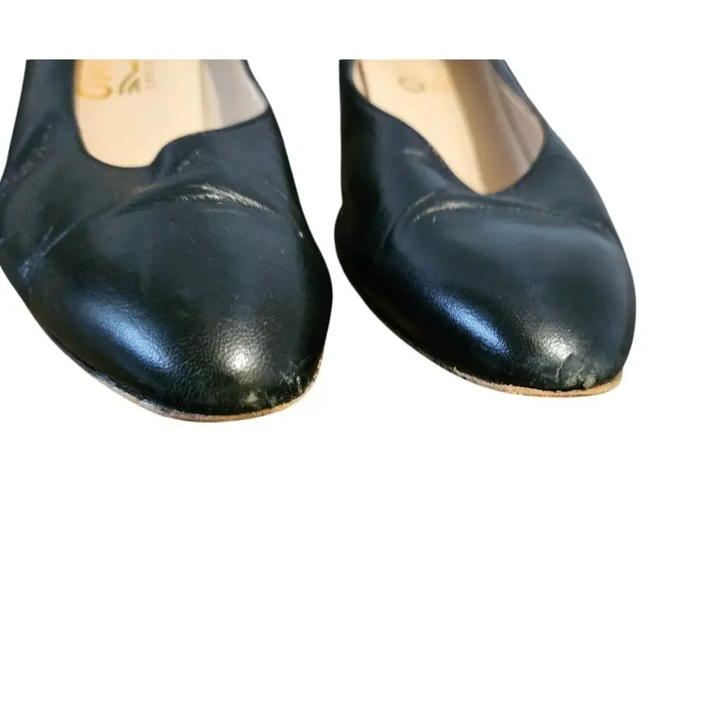 Vintage Ferragamo Classic Black Leather Mid Heel Pumps Size 9.5 D